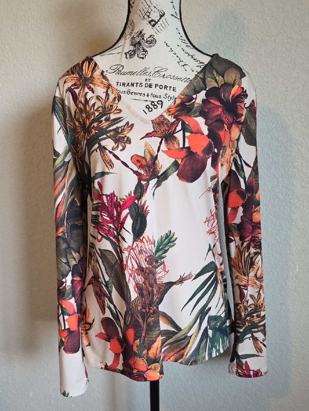 Floral Long-Sleeve V-Neck Top - Cream with Multicolor Bloom